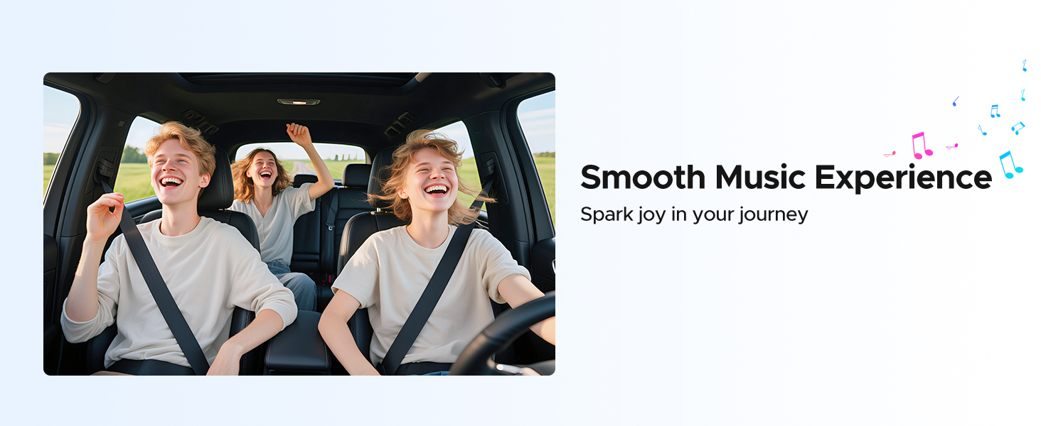 Text reads 'Smooth Music Experience' and 'Spark joy in your journey'. Interior vehicle shot showing passengers in back seat enjoying music.