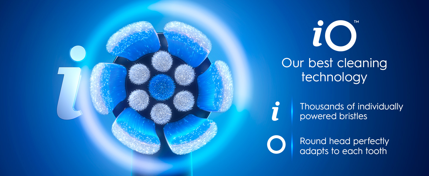 Text reads 'iO', 'Our best cleaning technology'. Marketing banner featuring blue illuminated electric toothbrush heads against dark background.