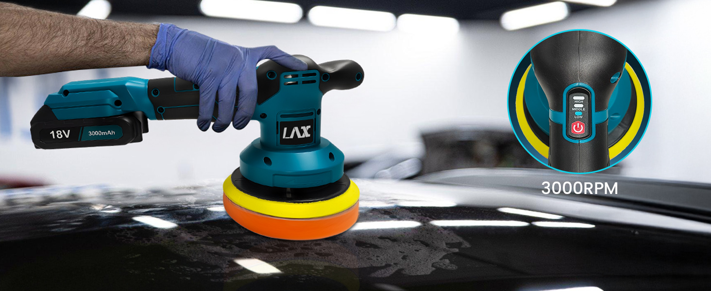 Series of images showing car detailing process with orbital polisher and buffing pads being used on automotive surfaces.