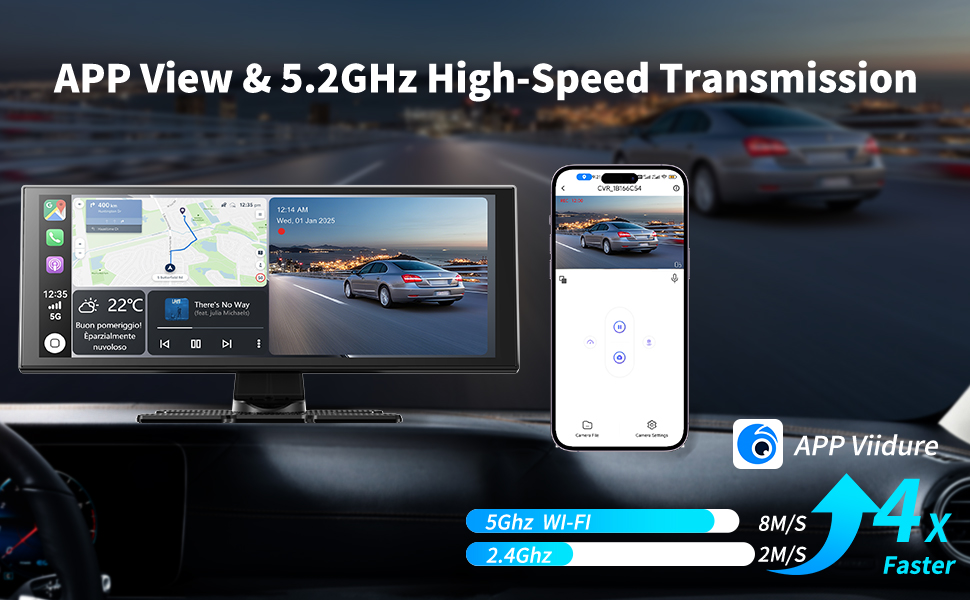 Text reads '11.5-Inch IPS Touchscreen', 'The 1920*720 large screen provides a clearer and more comfortable audio-visual experience', 'IPS', '1920*720', 'Touchscreen', 'Audio dimming', 'Screen Saver'. Promotional image of portable display monitor with blue background and sunset landscape.