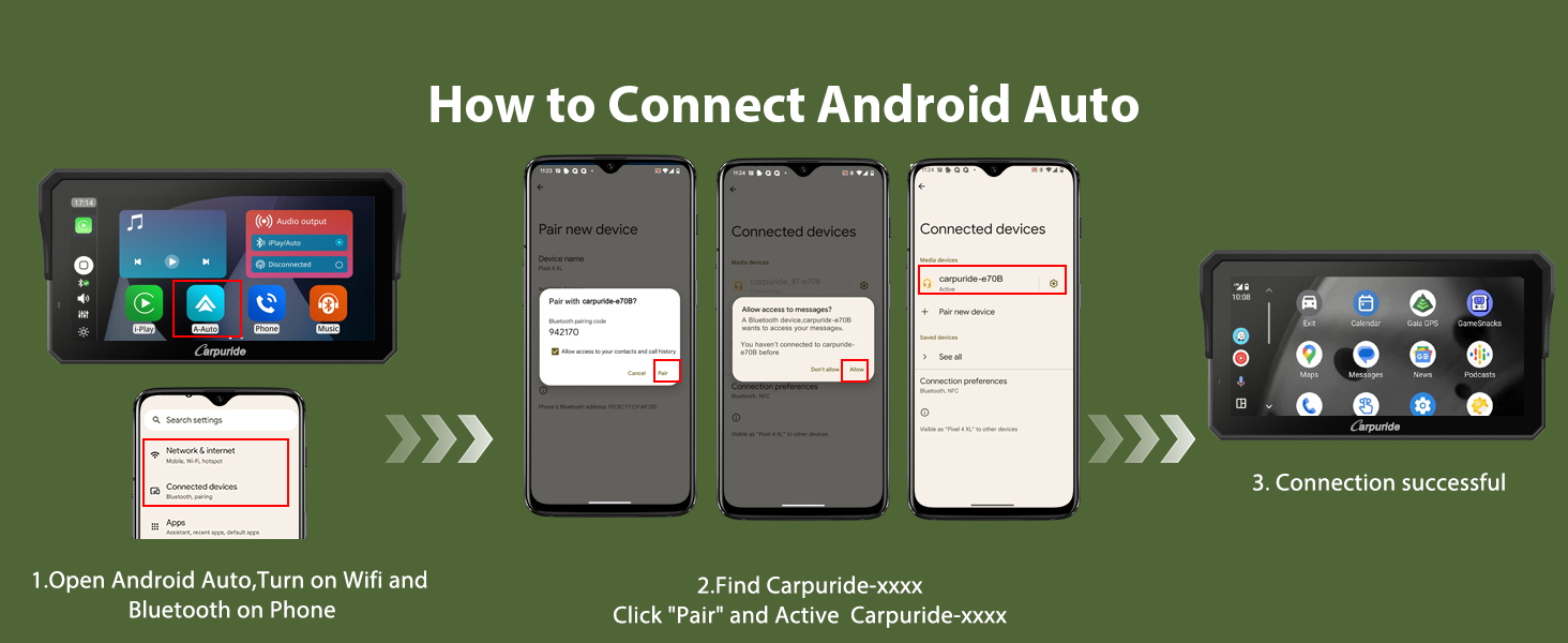 Text reads 'How to Connect Android Auto'. Tutorial sequence showing phone screen connections and Android Auto interface setup steps on dark green background.