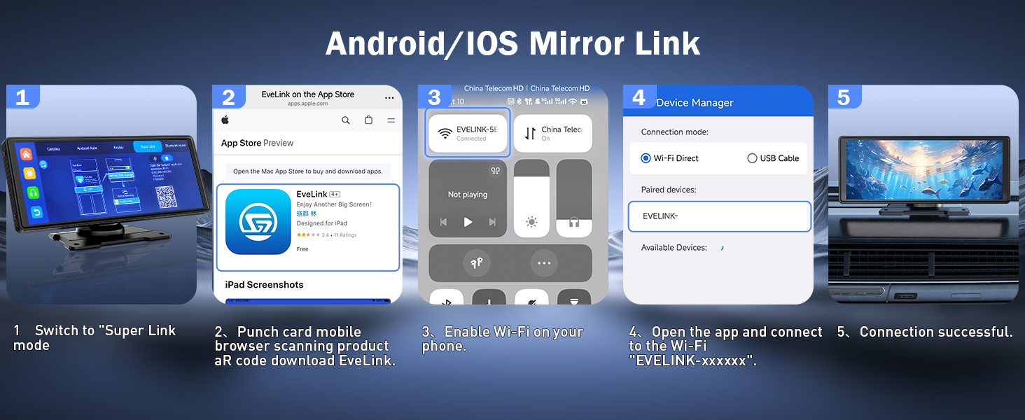 Text reads 'Android/iOS Mirror Link'. Screenshot series showing mobile app interface with blue navigation elements and connection screens.