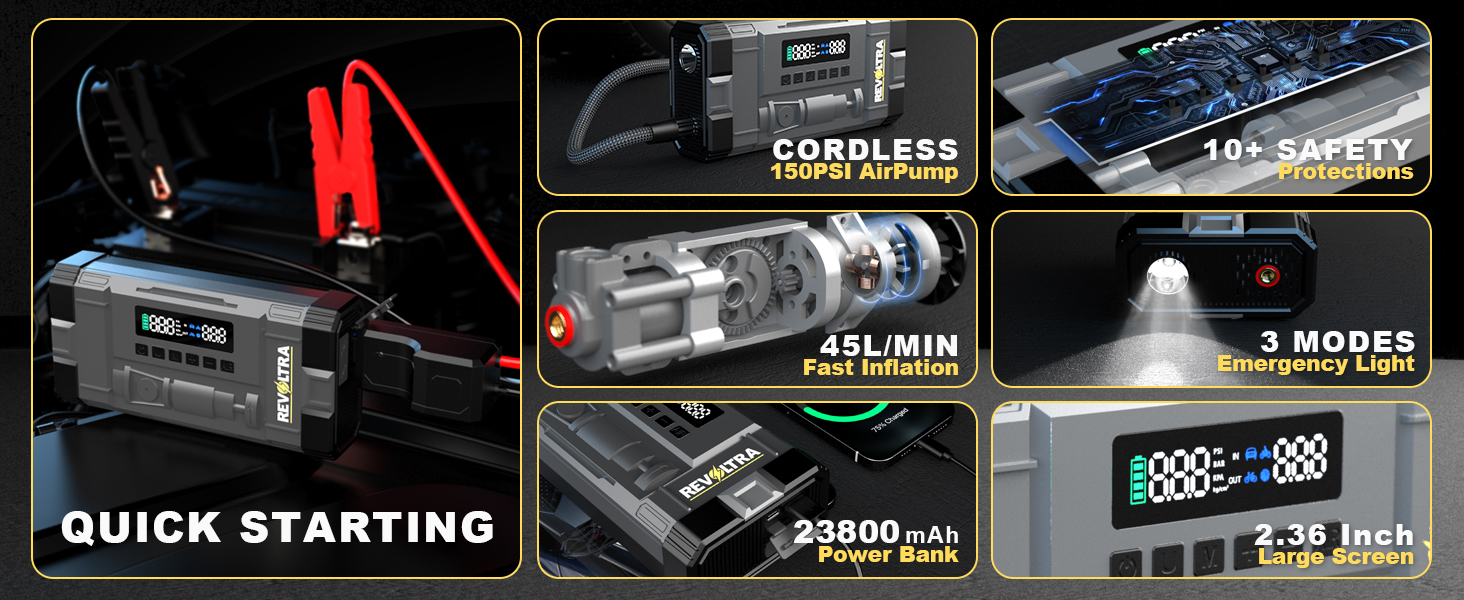 Text reads 'QUICK STARTING'. Technical product diagrams and specifications showing automotive parts and assembly instructions with blue lighting effects.