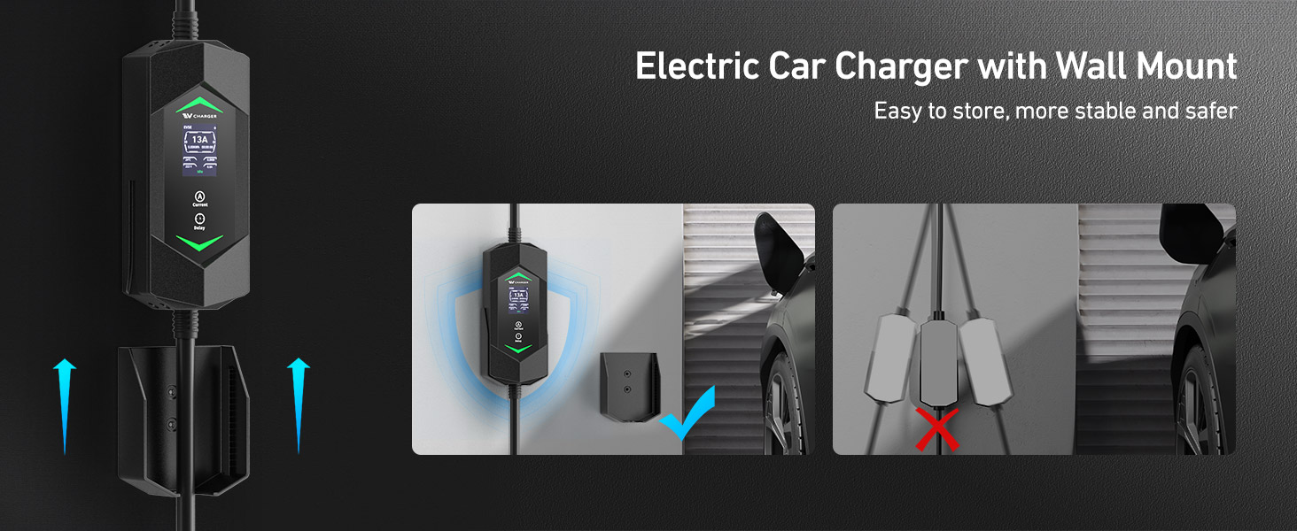 Text reads 'Electric Car Charger with Wall Mount'. Multiple views of a wall-mounted charging device with illuminated display.