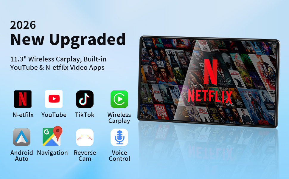 Text reads '2020 New Upgraded', '11.3" Wireless Carplay, Built-in YouTube & Netflix Video Apps'. Shows app icons including Netflix, YouTube, TikTok, WhatsApp, and navigation features.