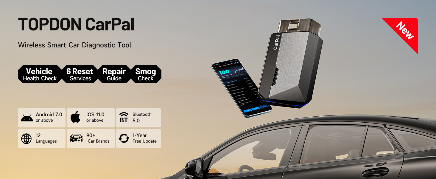 TOPDON CarPal wireless car diagnostic tool with smartphone app interface shown alongside vehicle. Device features Bluetooth connectivity and multi-platform compatibility.