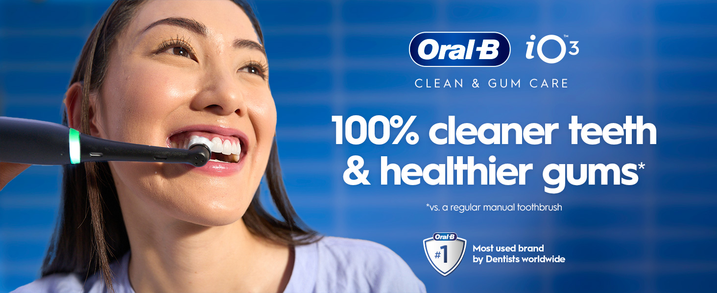 Text reads '100% cleaner teeth & healthier gums'. Oral-B IQ dental care advertisement showing close-up of bright smile and clean teeth with clinical-looking blue background.