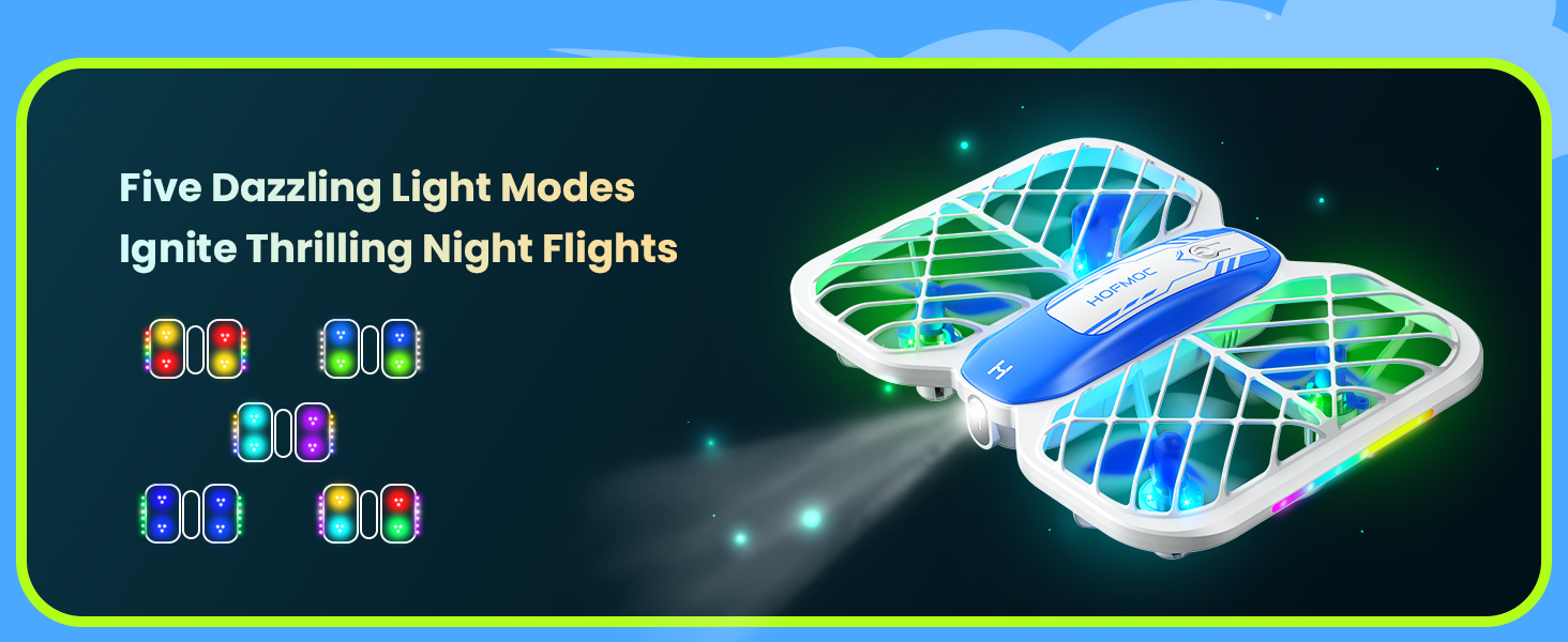 Text: 'Smart & Fun Indoor Drone for Kids' Product showcase of colorful drone with multiple feature icons below showing various capabilities and control options.