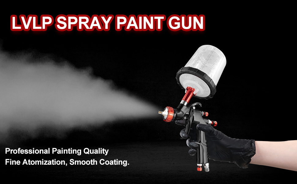 Text reads 'PAINTING PATTERNS ON'. Series of technical images showing a spray painting tool mechanism with red nozzle attachments and adjustment features.