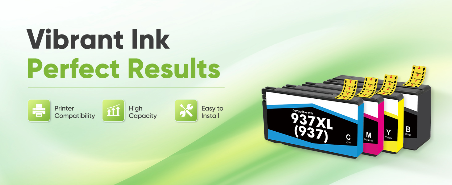 Text reads 'Vibrant Ink Perfect Results'. Marketing image showing printer ink cartridges against a green gradient background with emphasis on color vibrancy.