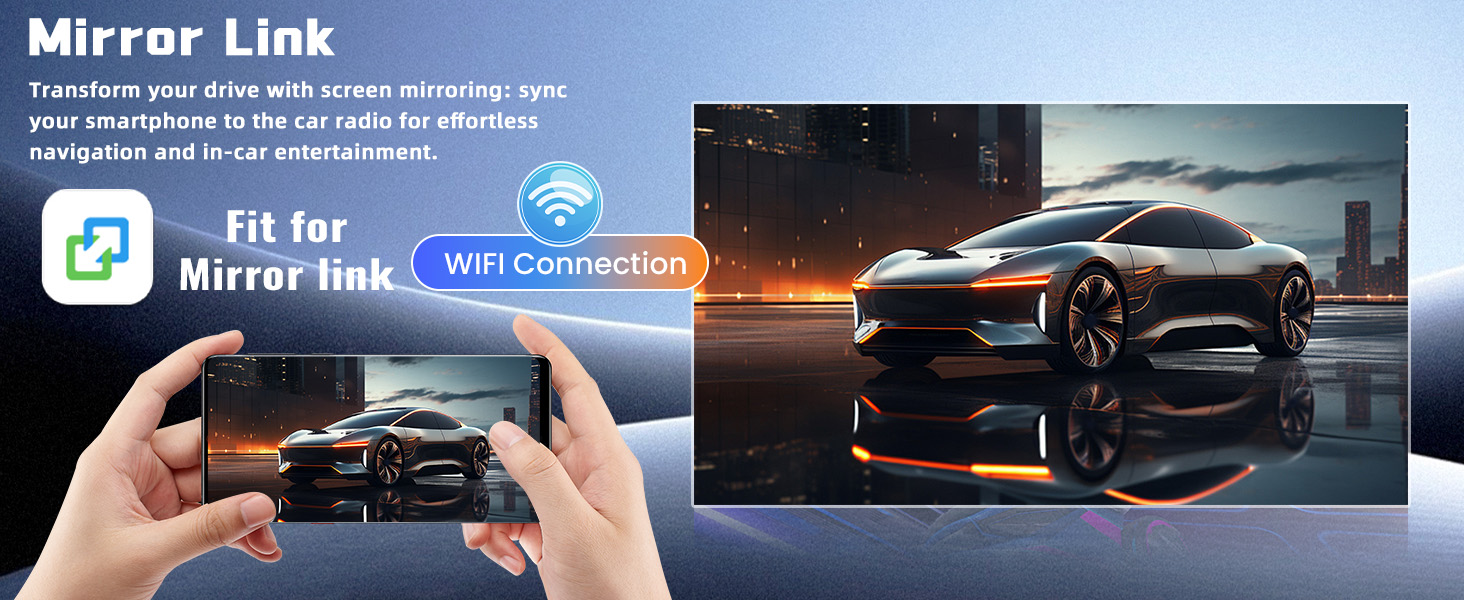 Text reads 'Mirror Link'. Smartphone held by hands displaying car dashboard interface with racing car image. Vehicle connectivity technology demonstration showing mobile device control.