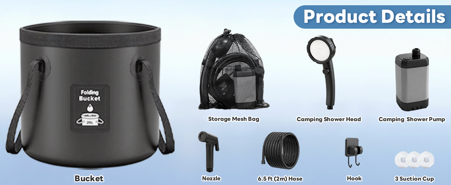 Text reads 'Product Details'. Series of small product icons showing various accessories and features in a horizontal blue banner.