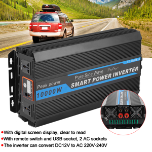 Series of product images showing black power inverter with accessories including cables and remote display. Red car visible in one panel suggesting automotive use.