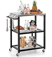 Portable outdoor kitchen cart with stainless steel top, two black shelves, wheels, and folding side tables. Features include a bottle opener and paper towel holder.