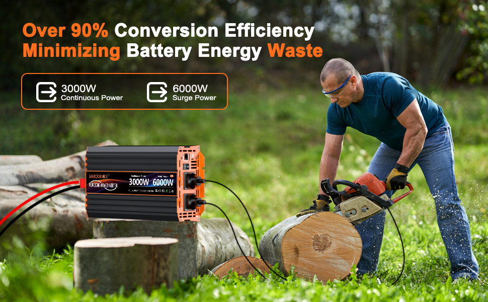 Text reads 'Over 90% Conversion Efficiency Minimizing Battery Energy.' Green grass background with electric device illustration.