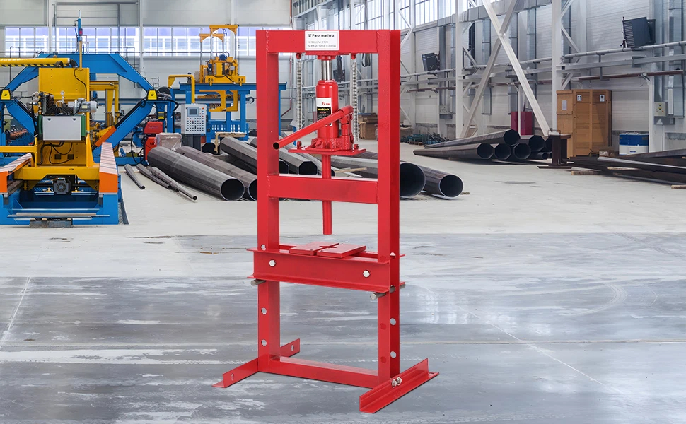 Industrial hydraulic shop press shown in multiple angles. Red-colored heavy-duty frame with pressure gauge and hydraulic cylinder mechanism visible in workshop setting.