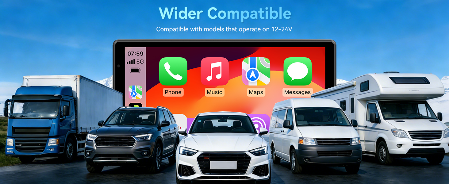 Text reads 'Wider Compatible'. Row of luxury vehicles including SUVs and sedans in different colors parked in line against blue sky background.