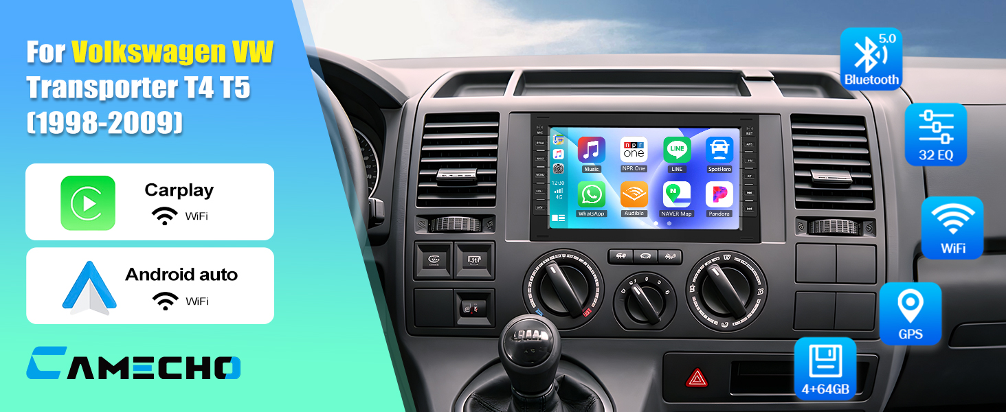 Text reads 'For Volkswagen VW Transporter T4 T5 (1998-2003)', 'CarPlay', 'Android auto', 'AMECHO'. Car dashboard infotainment system with touchscreen display showing multiple app icons and connectivity features.