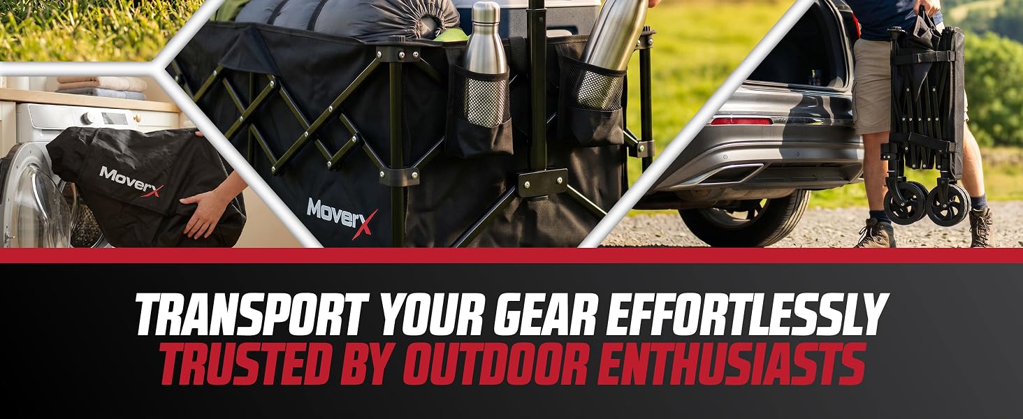 Text reads 'TRANSPORT YOUR GEAR EFFORTLESSLY TRUSTED BY OUTDOOR ENTHUSIASTS'. Marketing banner showing outdoor equipment/cargo carrier system with black mechanical components against yellow background.