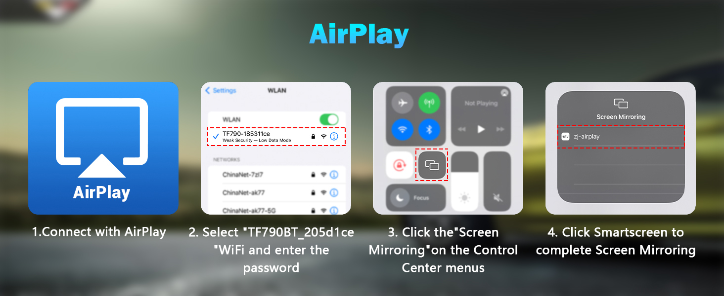 Tutorial interface showing four steps for AirPlay screen mirroring setup, with icons and control panels demonstrating the connection process.