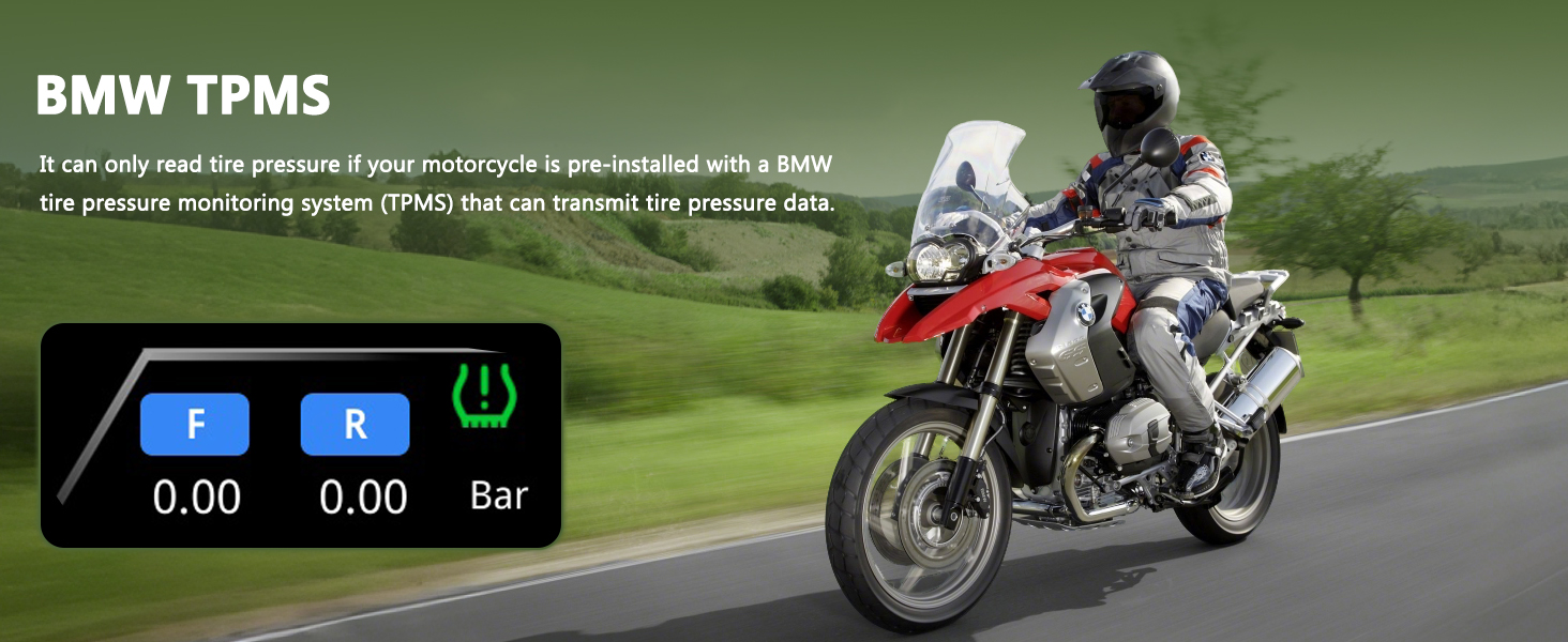 Text reads 'BMW TPMS'. Marketing image showing digital pressure display reading '0.00 bar' alongside motorcycle on rural road.