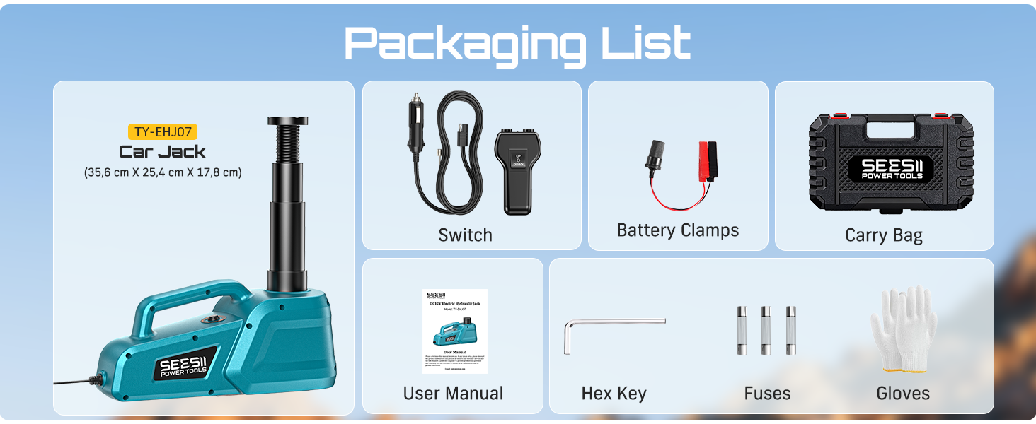 Text reads 'Packaging List'. Product layout showing cordless tool set components: main unit, charging cable, battery charger, carrying case, cleaning supplies and safety gloves.