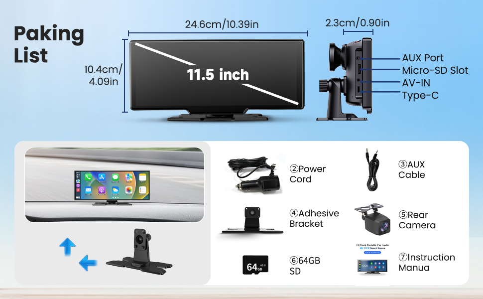 Text reads 'Rear Camera Installation'. Instructional diagram showing steps for installing a car rear camera with USB Type-C connection and views of a blue vehicle.