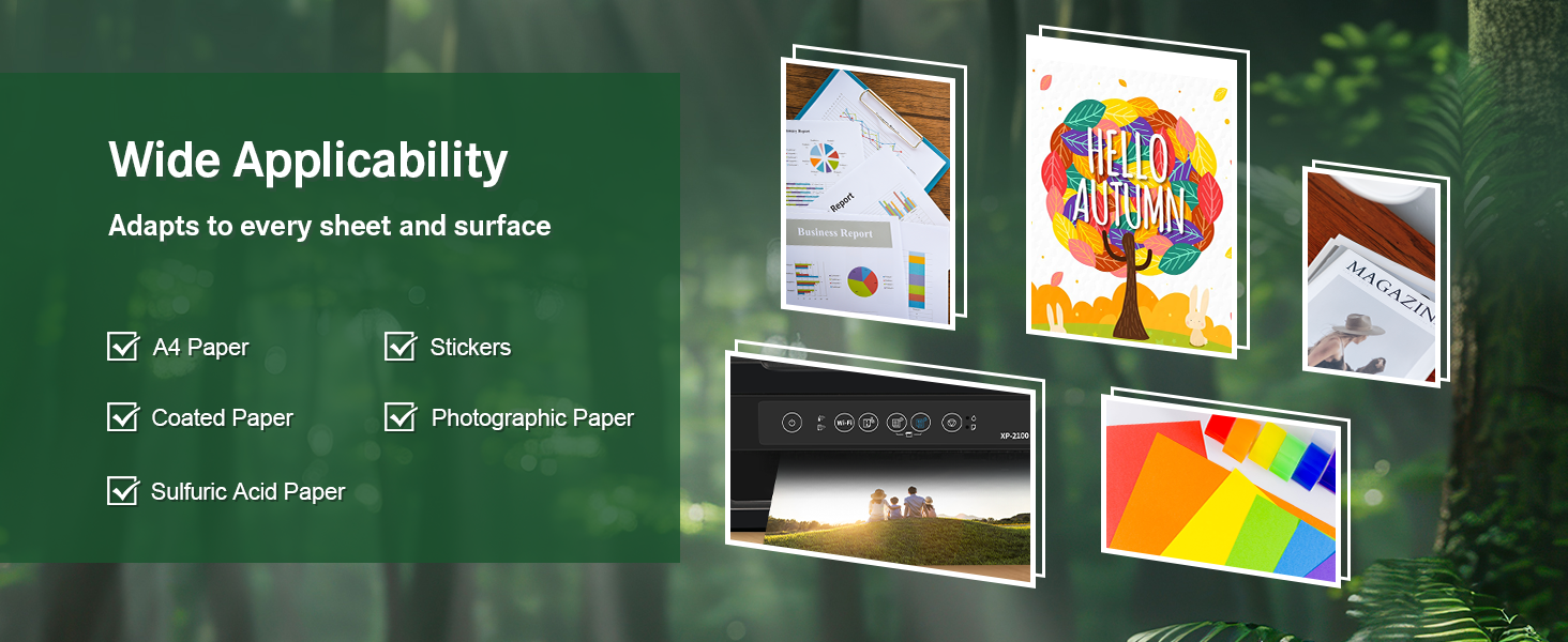 Product compatibility chart showing various paper types and surfaces, with 'Wide Applicability' header and sample document images displayed.