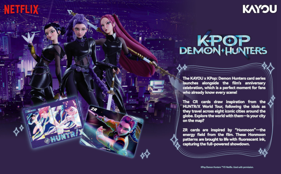 Text reads 'NETFLIX', 'KAYOU', 'KPOP DYNAMITE'. Purple promotional graphic featuring animated K-pop artists with Netflix branding and product packaging display.