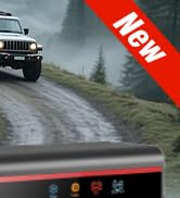 SUV driving on mountainous road with dramatic misty landscape view in background.