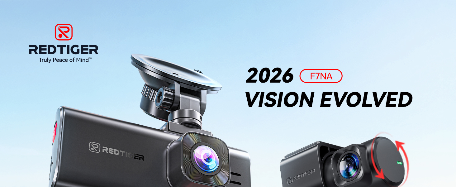 Text reads 'REDTIGER 2024 VISION EVOLVED'. Product image showing two car dashboard cameras against blue-white gradient background.