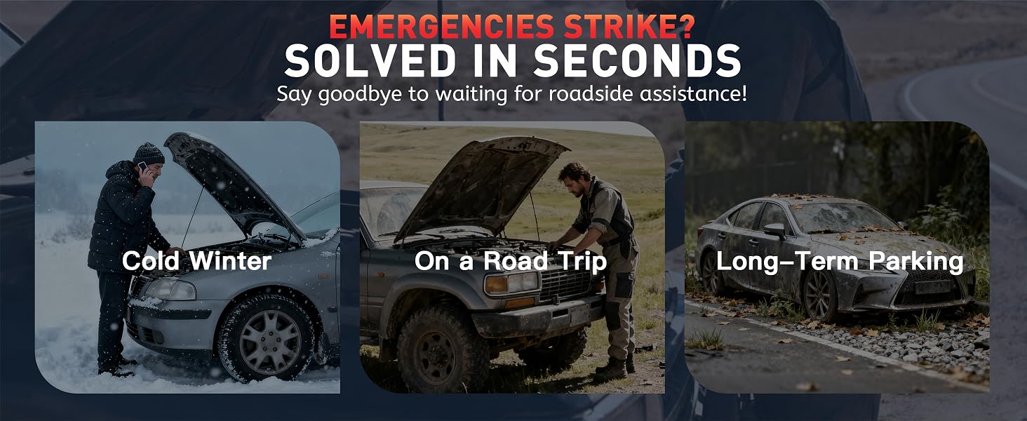 Text reads 'SOLVED IN SECONDS', 'Cold Winter', 'On a Road Trip', 'Long-Term Parking'. Dark promotional images showing car-related scenarios.