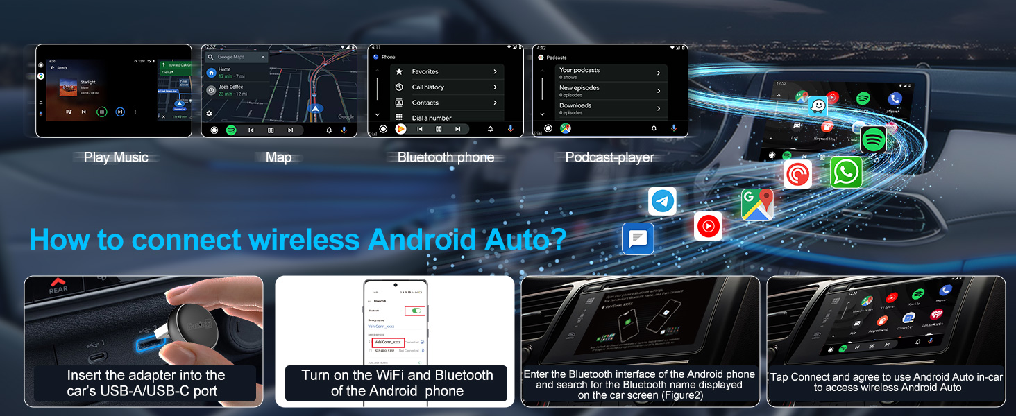 Text reads 'How to connect wireless devices'. Sequence of digital interface screens showing car entertainment system connection steps with blue highlighting and menu navigation.