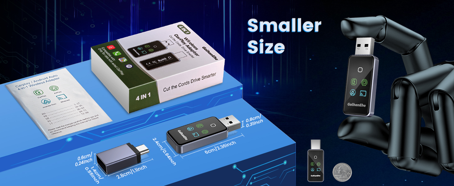 Text reads 'Smaller size'. Technical diagram showing electronic components and circuit boards with blue background and various device schematics.