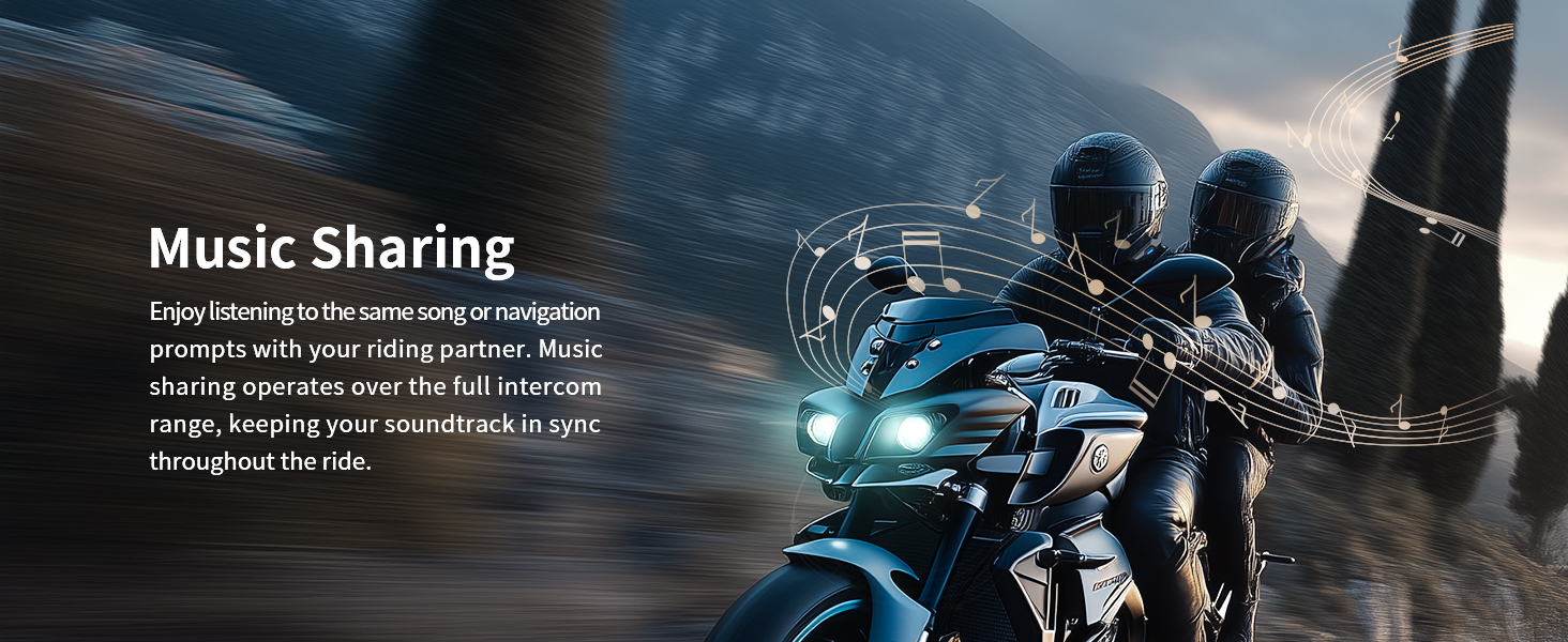 Text reads 'Music Sharing'. Dark atmospheric scene featuring a motorcycle with glowing blue headlights against a night background with musical notes.