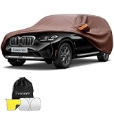 Black and white striped car cover with orange accent trim displayed on vehicle, shown with gray storage bag and blue microfiber cloth accessories.