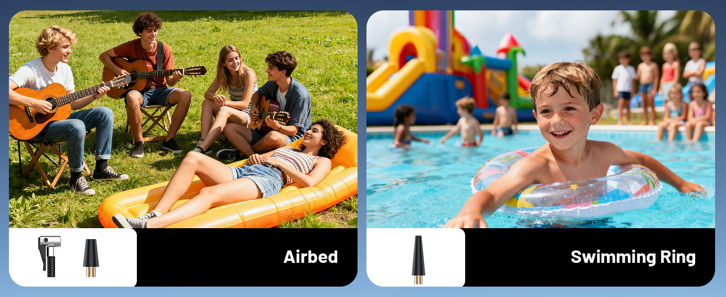 Text reads 'Airbed' and 'Swimming Ring'. Outdoor summer activity collage showing children playing with pool toys and beach equipment.