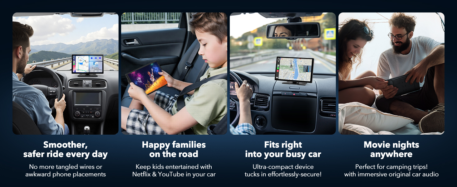 Series of four driving instruction scenes showing various dashboard views and student-instructor interactions during lessons.