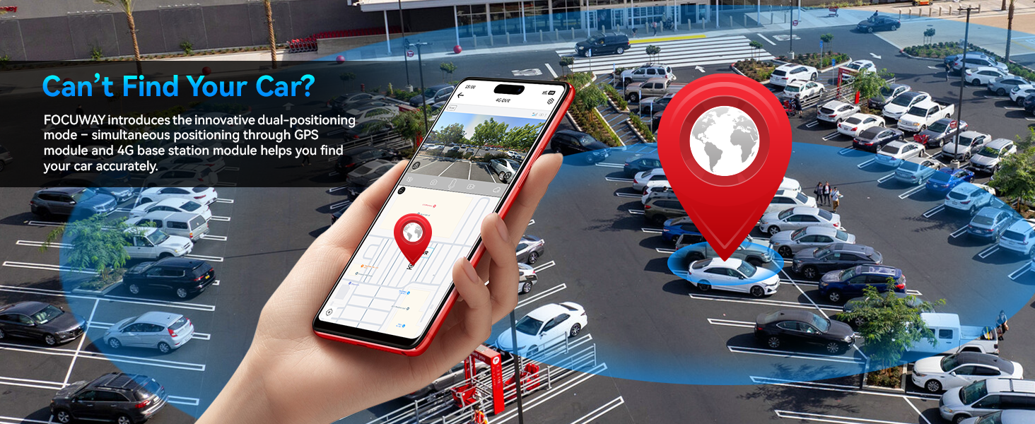 Smartphone displaying map with red location pin, overlooking crowded parking lot. Concept illustration for car-finding app or service in large parking areas.
