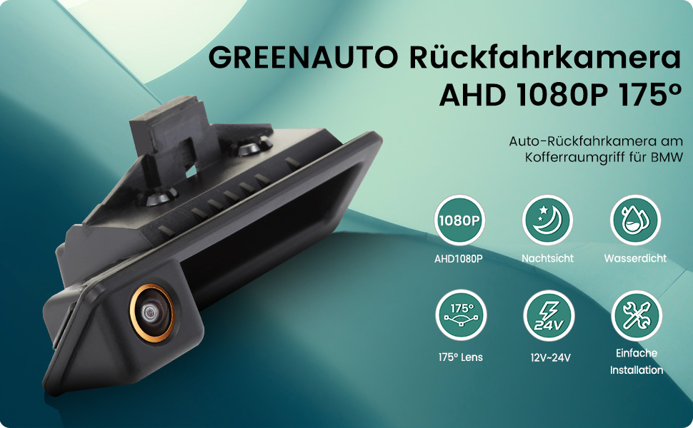 GREENAUTO rearview camera with 1080P AHD resolution and 175° wide-angle lens. Features night vision, waterproof design, and 12V-24V compatibility.