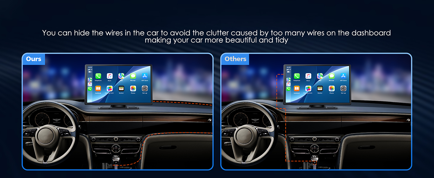 Car dashboard comparison showing cluttered vs clean interface. Text explains how to hide wires for a more beautiful and tidy dashboard appearance.
