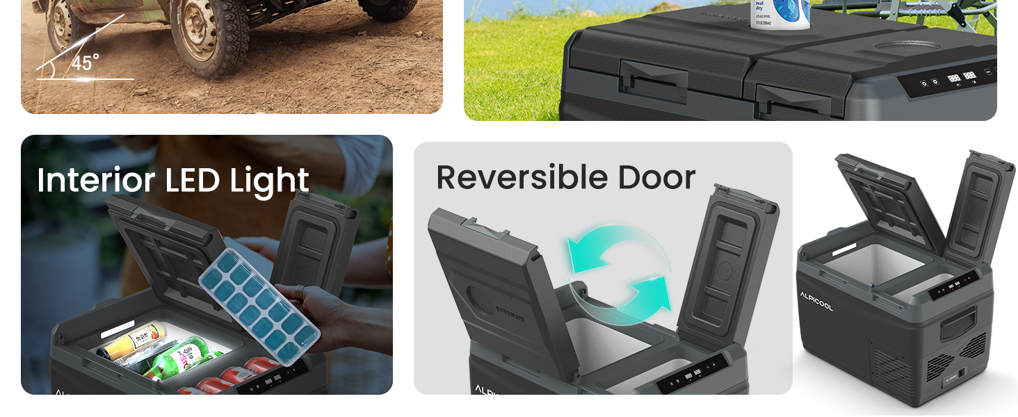 Text reads "Interior LED Light" and "Reversible Door." Grid showing black cooler features: landscape, interior lighting, and reversible door functionality.