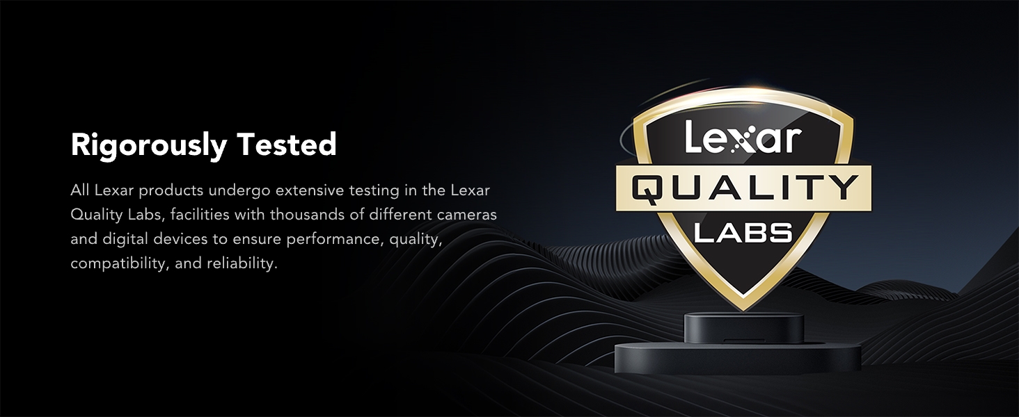 Lexar Quality Labs certification badge in gold and black against dark background with 'Rigorously Tested' text.
