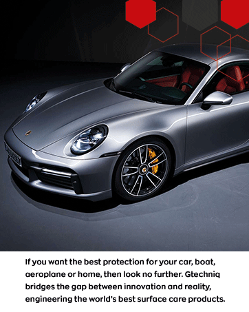 Infographic about Gtechniq, a paint protection product founded by quantum physicist Drew Gill in 2001. Uses nanotechnology and advanced cutting-edge technology.