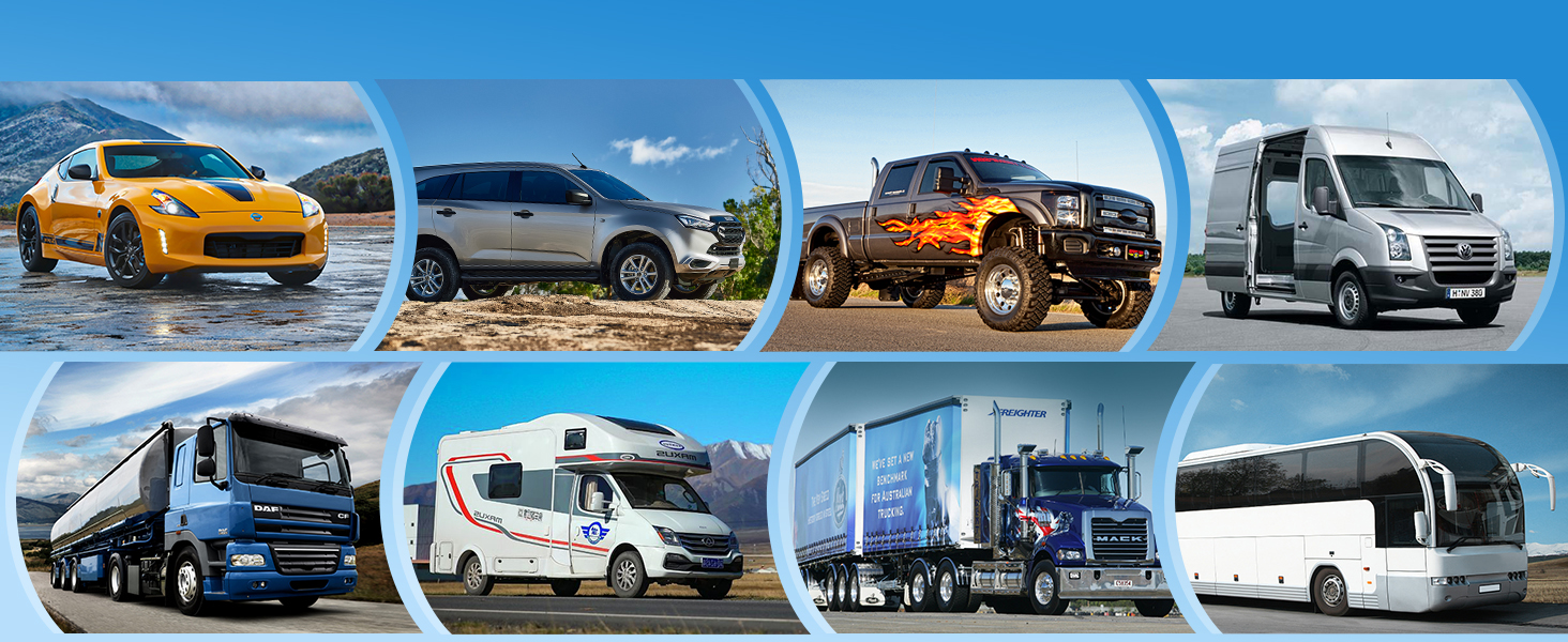 Composite image of various vehicles: sports car, SUV, monster truck, van, semi-truck, motorhome, flatbed truck, and coach bus. Each vehicle shown in a different outdoor setting.