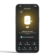 Smartphone app interface showcasing energy management features. Dark background with four phone screens displaying various app functions.