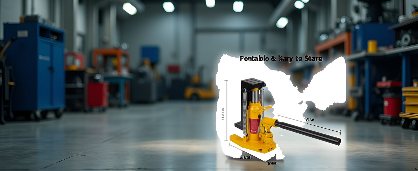 Industrial workshop setting with hydraulic floor jack visible in foreground, illuminated by dramatic lighting. Blue equipment visible in background.