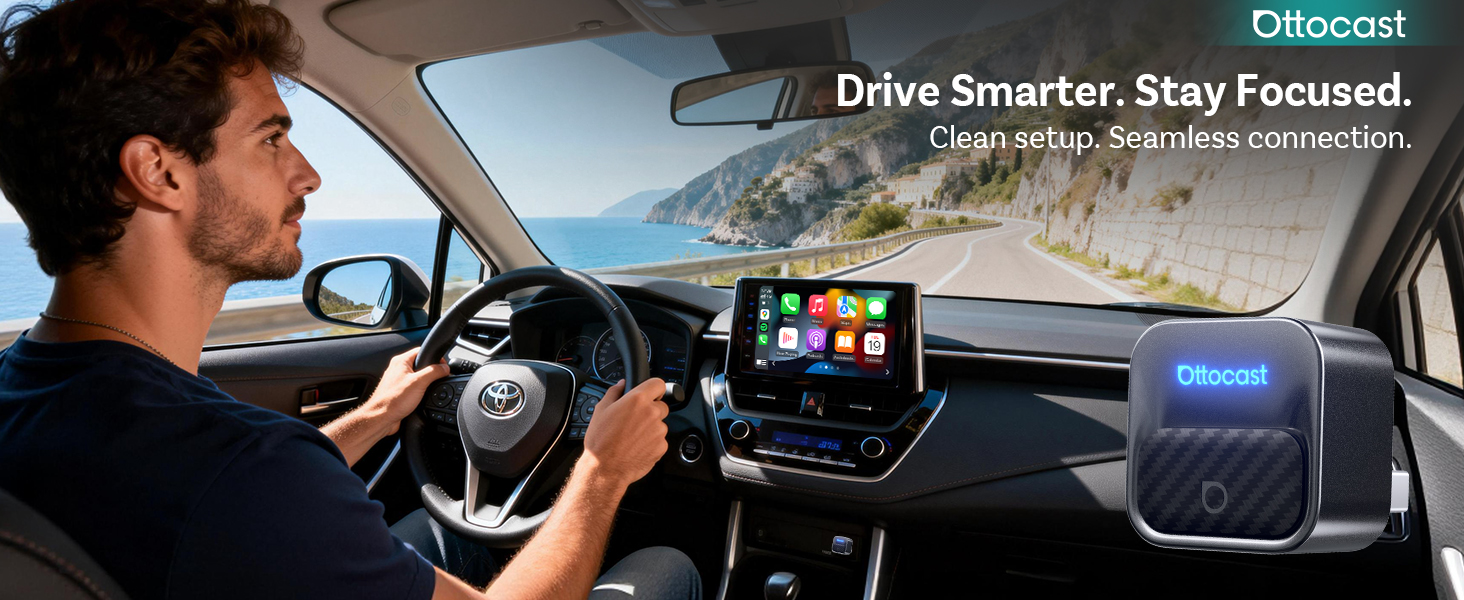 Text reads 'Drive Smarter, Stay Focused.' Car interior view showing dashboard with navigation display and steering wheel.