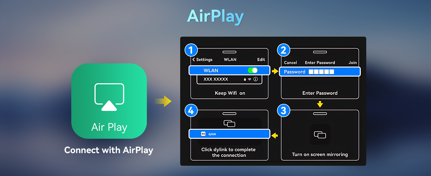 Text reads 'AirPlay'. Multiple interface screenshots showing AirPlay connectivity options and menu screens with blue and green app icons.