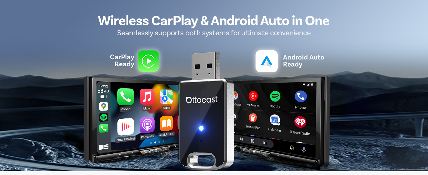 Text reads 'Wireless CarPlay & Android Auto in One'. Dashboard display showing smartphone integration interface with app icons against nighttime driving scene.